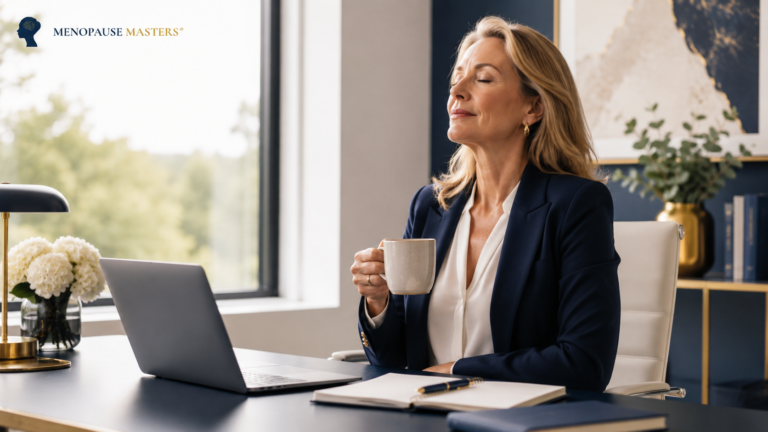 Professional woman managing menopause anxiety using evidence-based CBT strategies to regain calm and emotional wellbeing.