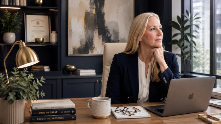 Professional woman feeling less resilient during menopause while working in an executive office