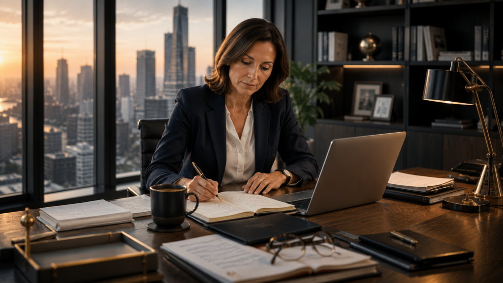 Senior executive working in a modern office illustrating high-functioning anxiety and decision-making under pressure.