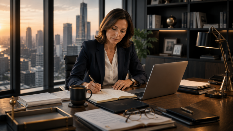 Senior executive working in a modern office illustrating high-functioning anxiety and decision-making under pressure.