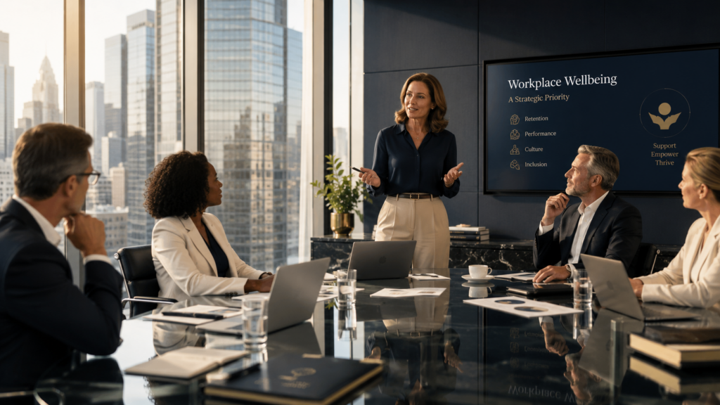 Senior leadership team discussing evidence-based corporate menopause support in a modern workplace meeting.