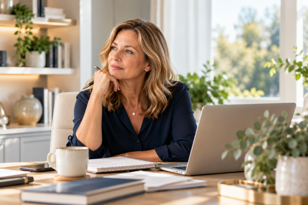 Menopause brain fog and anxiety affecting a professional woman's concentration and confidence at work
